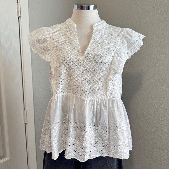 Blu‎ Pepper White Eyelet Ruffle Sleeve Peplum Top Blouse - M - Picture 6 of 6